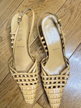 Prada Beige Woven Leather Slingback Heels